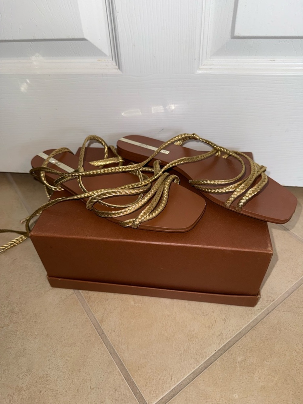 Zara Gold Braided Lace-Up Flat Sandals - Picture 4 of 7